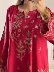 Maroon Embroidered <b>Kurta</b> Set for <b>Women</b> | Long Sleeve Ethnic Suit with Matching Pants | Indian Pakistani Fashion Wholesale - Product Image 5