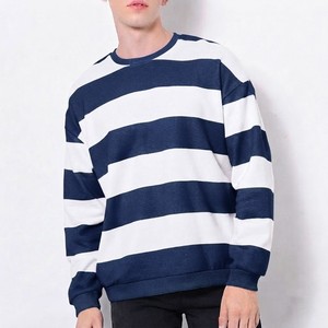 Sweat-shirt à col rond rayé bleu marine et blanc pour homme, en coton tricoté décontracté, manches longues, hiver, impression numérique personnalisée - Product Image 1