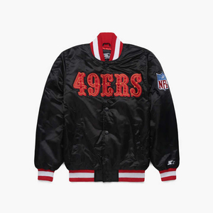 Chaqueta Varsity Personalizable y Elegante de los 49ers, Negra, Satinada, Casual, para Hombre, con Cuello Alto, Bordada, con Cierre, Ecológica y Transpirable - Product Image 3