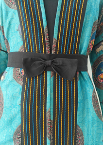 Kimono Estampado para Mujer al por Mayor, Chaqueta Boho Azul Turquesa con Mangas Acampanadas y Cintura Ajustable, Seda Tussar Estampada Teal - Product Image 4