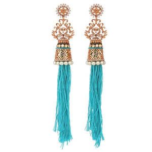 Bohemian Drop Earrings with Pearl and Turquoise Tassel in Brass Alloy Copper - Product Image 2
