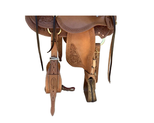 Sillín de cuero occidental marca Big Horn LLT con estructura de fibra, cuero teñido a la cera, para equitación de placer, senderismo y carreras, con juego de aparejos y herramientas artesanales. - Product Image 2