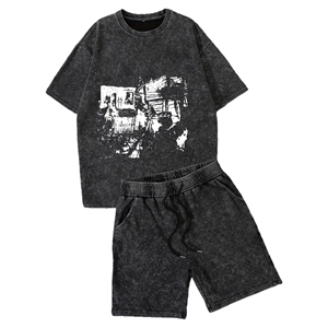 Ensemble T-shirt et short pour homme ELEGANT CORPORATION, col rond noir, imprimé, décontracté, été, polyester/coton, respirant, tissage non tissé - Product Image 1