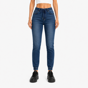 Custom Women Jogger <b>Jeans</b> <b>Elastic</b> Drawstring <b>Waist</b> Cuffed Ankle Stretchy Denim Pants Light Shade Casual Women Denim <b>Jeans</b> - Product Image 1