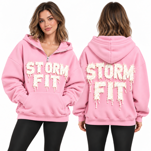 Sudadera con capucha de media cremallera para mujer, color fucsia claro, estilo Storm Fit, con apliques de letras, hombros caídos, bolsillo canguro, informal, de forro polar, estilo urbano, cortavientos - Product Image 2