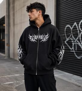 <b>Black</b> <b>Zip</b>-Up <b>Hoodie</b> Custom Graphic Sweatshirt Flame Print Oversized Winter Knitted Pullover <b>Hoodie</b> for Streetwear OEM Service - Product Image 5