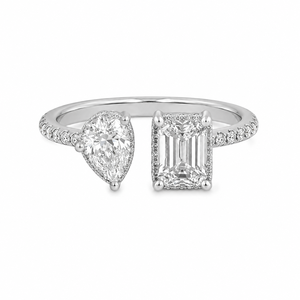 Bague ajustable en argent sterling 925 avec halo de moissanite, style Toi et Moi, et diamants taille poire et émeraude, type cocktail - Product Image 1