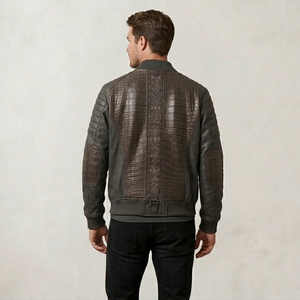 Veste d'hiver décontractée pour homme en cuir de crocodile véritable, coupe ajustée, motif gaufré classique, respirante, coupe-vent, logo frontal - Product Image 4