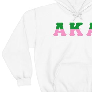 White Pullover Hoodie with <b>Green</b> and Pink Letter Embroidery Fleece Hooded Sweatshirt Long Sleeve Kangaroo Pocket Casual Unisex - Product Image 2