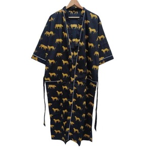 ชุดนอนผ้าฝ้ายลายเสือดาวสีทองแบบแฮนด์เมด, ชุดกิโมโนสีดำยาวเต็มตัวพร้อมขอบตัดสี, ชุดนอนหรูหราทำมือ 2 ชิ้น - Product Image 1