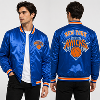 Veste de baseball en satin bleu New York personnalisée, inspirée du basketball, avec logo brodé, style bomber, pour hommes, vente en gros, OEM, vêtements d'équipe, vêtements de sport, en vrac