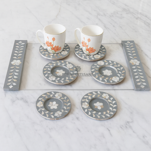 Handmade Mother of Pearl Wood Craft Serving Tray with Acrylic Dish Plates and Coasters Premium Ramadan <b>Eid</b> <b>Gift</b> Set - Product Image 5