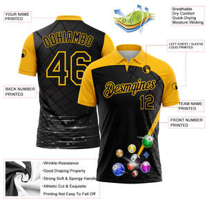 Maillot de baseball personnalisé sublimé pour homme, motif billes de billard noir et jaune, anti-humidité, manches courtes, col rabattable - Product Image 2