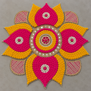Tapis Rangoli floral fait main rose et jaune avec pompons, décoration de sol pour mariage Diwali avec bordure en perles et miroirs, décoration Diwali - Product Image 6