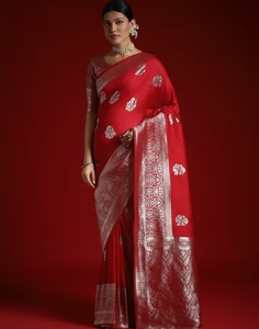 KV Women's Traditional Satin Silk Party Saree <b>Red</b> Woven Designer with Unstitched <b>Blouse</b> Wrinkle Free Reversible - Product Image 2