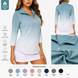 <b>Women's</b> Light Blue <b>Quarter</b>-<b>Zip</b> 3/4 Sleeve Golf Shirt Sporty Solid Color Quick Dry Knitted Top - Product Image 4
