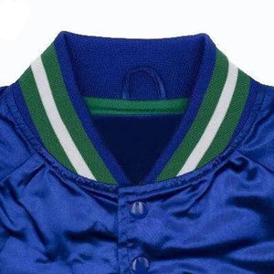 Men's Blue Satin Varsity Jacket With Green White Trim Regular Fit Single Breasted Casual Autumn Wear - Product Image 3