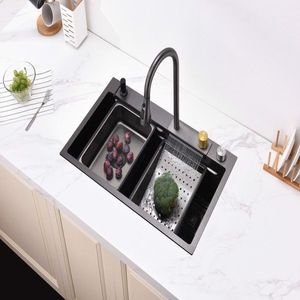 Lavello da cucina singolo grande in acciaio inossidabile Nano 304 con design a cascata a pioggia, vasca singola per rubinetti domestici e lavaggio verdure - Product Image 3