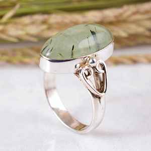 925 Sterling Silver Green Prehnite Oval Natural Gemstone <b>Ring</b> Handcrafted <b>Adjustable</b> Band Boho Hippie Style Bezel Setting Unique - Product Image 4