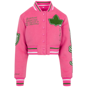 2026 Hot Sale New Arrival Pink Green Embroidery Full Sleeve Turn-down Collar Short Length Autumn Wear For Women Varsity <b>Jackets</b> - Product Image 1