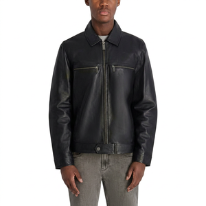 Blouson moto en cuir noir pour homme, fermeture éclair sur le devant, col rabattable, coupe classique, couleur unie, vêtement d'extérieur décontracté, idéal pour l'automne - Product Image 1