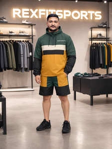 REXFIT SPORTS 2026 Ensemble veste et short unisexe personnalisé en nylon color block, survêtement léger à capuche pour la gym, le streetwear et les activités de plein air - Product Image 2