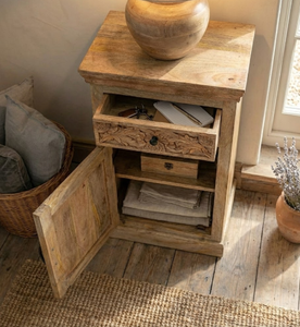 Mueble de Madera Maciza Tradicional con Acabado Natural, Tallado a Mano con Mandala, 1 Cajón y 1 Puerta, Estilo Rústico para Bar en Casa - Product Image 4