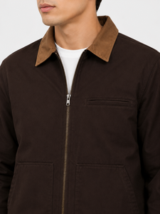 Veste décontractée d'hiver pour homme de qualité supérieure, marron foncé, entièrement zippée, col contrastant beige, 100 % coton sergé, légère, classique - Product Image 4