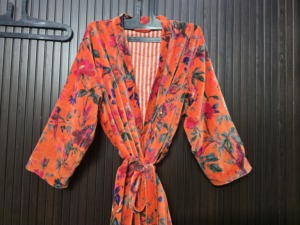 Orange Bird Print Velvet <b>Kimono</b> <b>Long</b> Sleeve Full Length Women's Robe Casual Soft Drawstring Closure - Product Image 6