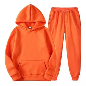 RICHMYZ Unisex <b>Orange</b> Hooded Polyester/Cotton <b>Fleece</b> Tracksuit Set Full Sleeve Drawstring Closure Side Pockets Casual Solid - Product Image 1