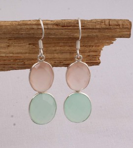 Artisan Rose Quartz Aqua Chalcedony <b>Dangle</b> <b>Earrings</b> 925 <b>Silver</b> Two-Tiered Faceted Multi-Gemstone <b>Earrings</b> Manufacturer - Product Image 3