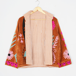 Women Velvet Embroidered <b>Jacket</b> Mandarin Collar Lantern Sleeve Floral Boho Style Autumn Coat Handmade Suzani <b>Pattern</b> - Product Image 3