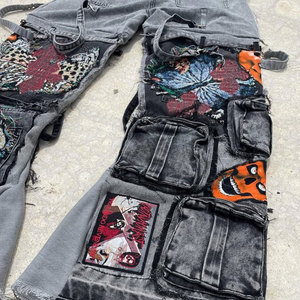 EXITO INTL <b>Men's</b> Lightweight Worsted Cargo Pants Butterfly Skull Prints Ripped Edges Street Style Baggy Spandex/Cotton - Product Image 4