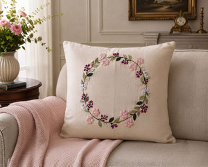 Wholesale Embroidery Floral Wreath <b>Cushion</b> Cover Removable Washable Customizable Square Seat Natural Linen <b>Cushion</b> Pillowcases - Product Image 2