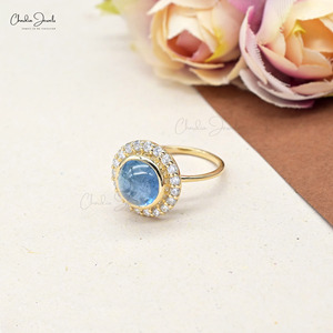 Anillo Clásico Art Deco con Gema de Aguamarina de 10 mm con Bisel y Halo de Diamantes en Oro Amarillo Fino de 14k, Diseño Moderno, Talla US-7 - Product Image 5