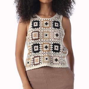 Débardeur en crochet pour femme, motif carré Granny Square, patchwork, tricoté sans manches, style bohème, couleur crème, fabricant de vêtements - Product Image 1