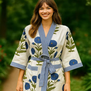 ชุดคลุมกิโมโนผ้าฝ้ายแท้ 100% พิมพ์ลายบล็อกเรียบง่าย สวมใส่สบาย ระบายอากาศได้ดี เก็บความร้อน เหมาะสำหรับเพื่อนเจ้าสาว ไซส์เดียว ชุดนอนฤดูร้อนสำหรับผู้หญิง - Product Image 1
