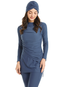 Wholesale Rate 2026 New Custom Solid Islamic Muslim <b>Swimwear</b> Women Modest Long Sleeve Top Matching Turban <b>Burkini</b> Swimsuit Set - Product Image 2