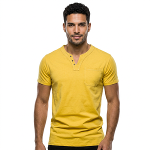 T-shirt pour homme jaune à col en V, coupe ajustée, manches courtes, couleur unie, décontracté, avec poche, en coton tricoté - Product Image 2