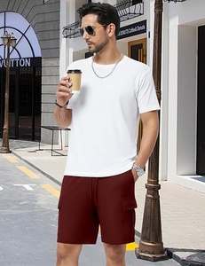 Shorts cargo pour homme, couleur bordeaux, avec cordon de serrage, taille mi-haute, décontractés, respirants, poches tissées, à carreaux, polyester/coton, séchage rapide - Product Image 4