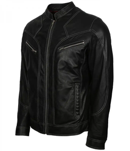 Veste de moto pour homme en PU noir uni, col roulé, fermeture éclair, coupe ajustée, style hiver - Product Image 1