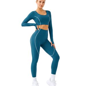 Conjuntos de Yoga para Mujer con Paneles en Contraste Azul Océano, de Alta Calidad, Nailon y Spandex, Transpirables, Flexibles y Duraderos, OEM - Product Image 1