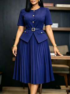 SE11450 Africa Summer New Round Neck Pleated Faux Two-Piece Solid Color Plus Size Dress - Product Image 3