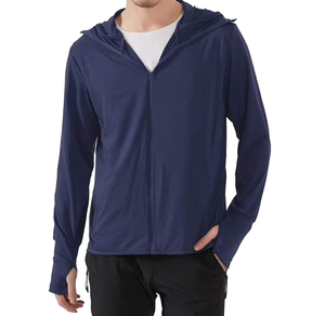 Sweat-shirt à capuche zippé bleu marine pour homme, couleur unie, séchage rapide, tricoté, décontracté, avec logo frontal, léger, pour l'automne, vente en gros - Product Image 1