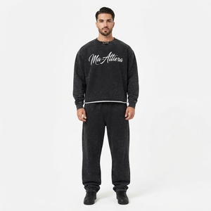 Men Mineral Wash Black Crewneck Sweatshirt Sweatpants <b>Set</b> Casual Streetwear <b>Matching</b> Clothes Oversized <b>Jogger</b> <b>Set</b> - Product Image 1