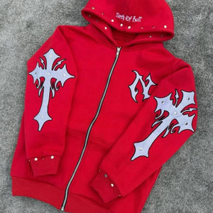 Sudadera con capucha roja personalizada con pedrería, gráfico llamativo, estilo urbano, para hombre y mujer, sudadera con brillo personalizada. - Product Image 1