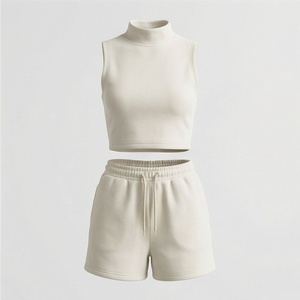 Women's 2 Piece <b>Knitted</b> <b>Set</b> Sleeveless Turtleneck Crop Top and Above Knee Shorts Solid Color Casual Wear Spring Summer - Product Image 1