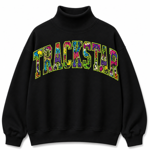 Custom Trackstar Flame Pattern Letter Applique Women's Oversized <b>Black</b> Mock Neck Cotton Fleece Sweatshirt - Product Image 1