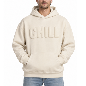 Sudadera con capucha para hombre de alta demanda, color crema, con estampado de letras en relieve, corte oversize, estilo casual. - Product Image 1