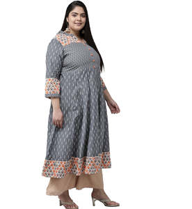 Wholesale <b>Plus</b> <b>Size</b> Ikat Printed Anarkali Kurti Cotton Black Grey Flared V Neck Women's Casual Summer Wear - Product Image 4